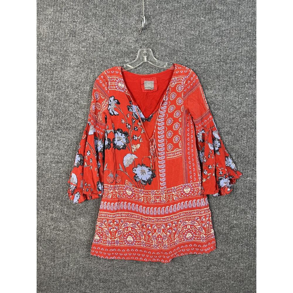 Vanessa Virginia Tunic Womens 0 Petite Red Floral Bohemian Bell Sleeve Silk